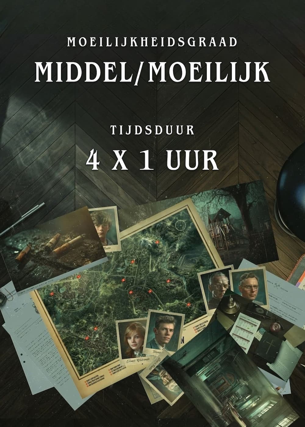 Asylum: kaart, foto's en documenten met informatie over moeilijkheidsgraad en speelduur voor vier delen.